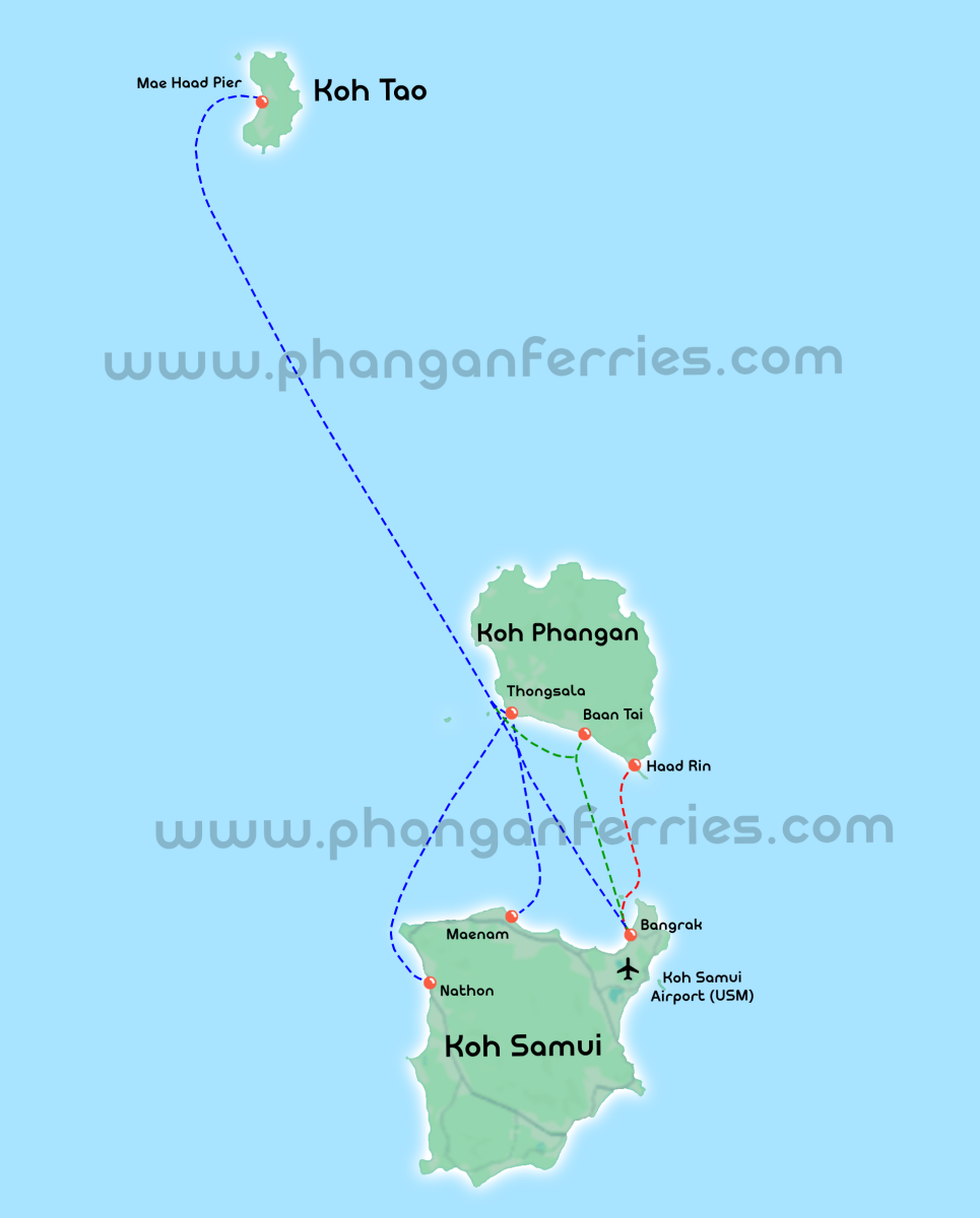 Koh Tao Koh Phangan Koh Samui ferry route map showing all piers including Mae Haad, Thong Sala, Baan Tai, Haad Rin, Nathon, Maenam and Bangrak